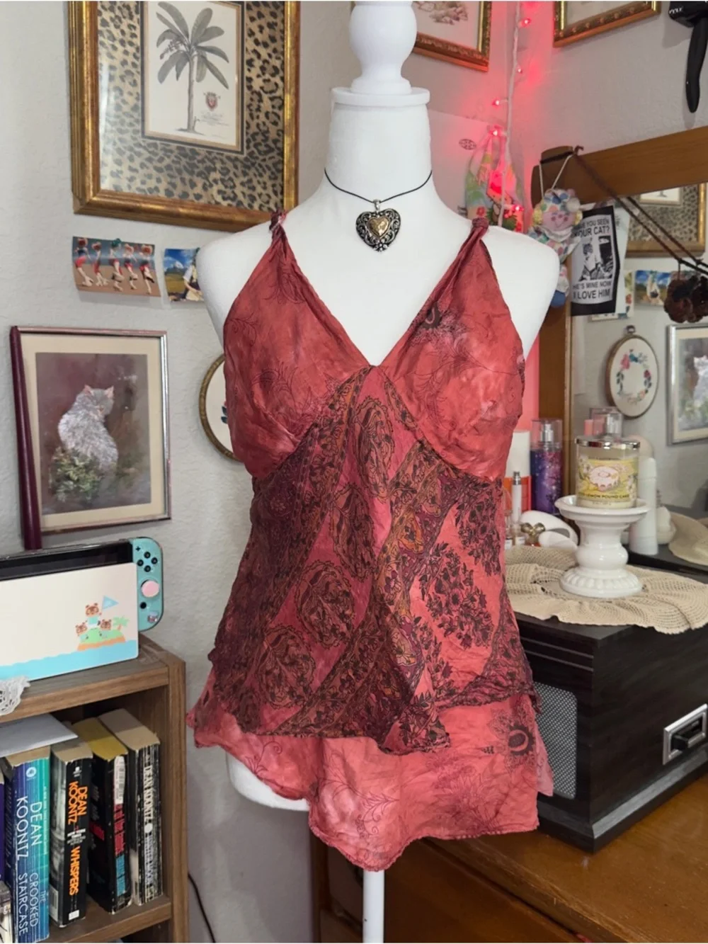 Y2K Red Paisley Silk Cami Top - Picture 5 of 9